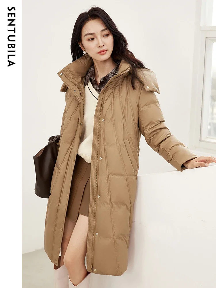 SENTUBILA Fashion Winter Down Jacket Women 2024 Hooded Mid-Length Stand Collar Down Coats Warm Belt Puffer Jackets  W44Y58470X