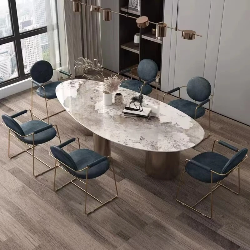 Minimalist Style Foldable Marble Top Metal Legs Gold Silver Dining Table and Chair Set 8 Seater