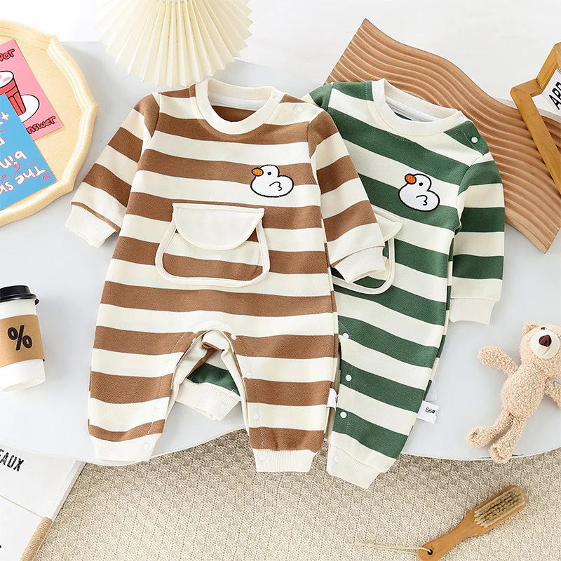 

2024 Autumn Newborn Baby Bodysuit Stripe Long Sleeve Jumpsuits Girl Outfits Embroider Duck Overalls Baby Boy Girls Romper 0-18m