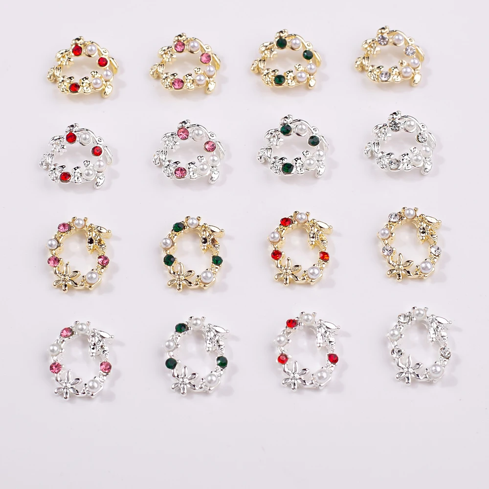 10Pcs Luxury Christmas Wreath Nail Art Charm Sparkling Colorful Zircon Pearls Silver Gold Alloy Nail Decorations DIY Decoration