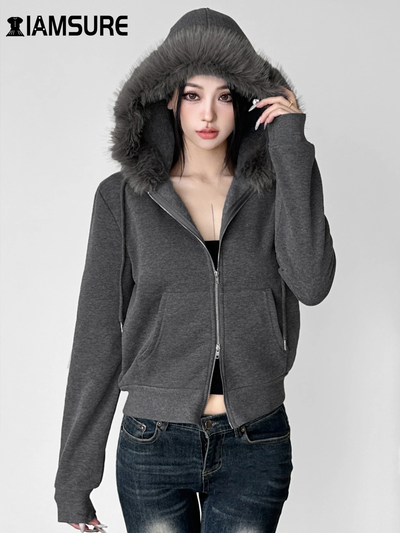 IAMSURE Casual Solid Fur Trim Sweatshirt Basic Zopper Long Sleeve Hoodies Coats Women 2024 Autumn Winter Streetwear Fashion Lady