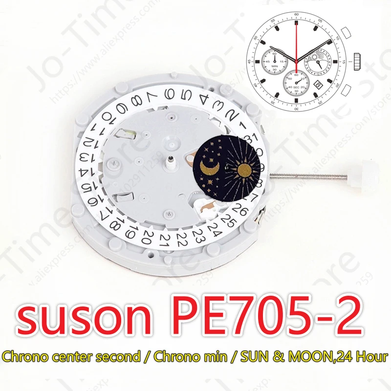 PE705-2 Ruch Chiny Sunon Pe70 Mechanizm Trzy wskazówki z 3 oczami i drugim środkiem Chrono i Chrono min Sun&Moon 24-godzinny