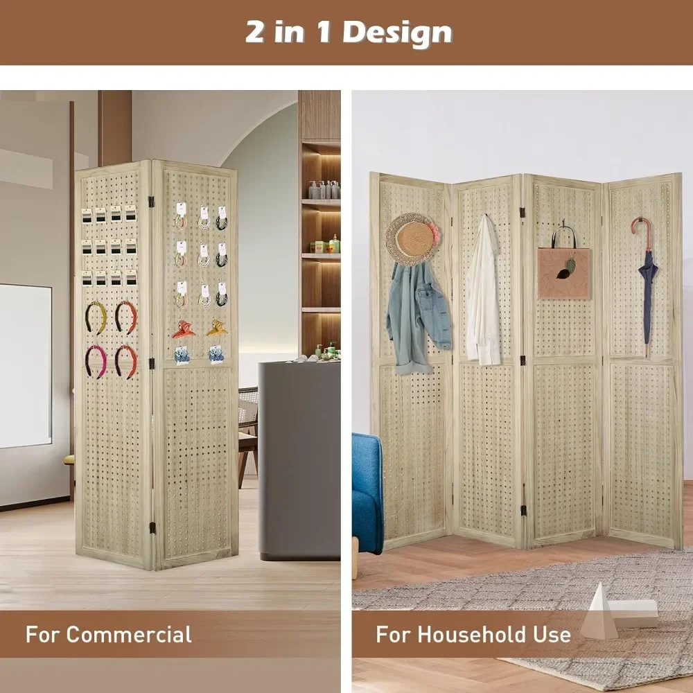 4 Panel Room Divider, 5.6Ft Pegboard Display Wooden Room Divider Folding Privacy Screen Room Divider Freestanding Peg