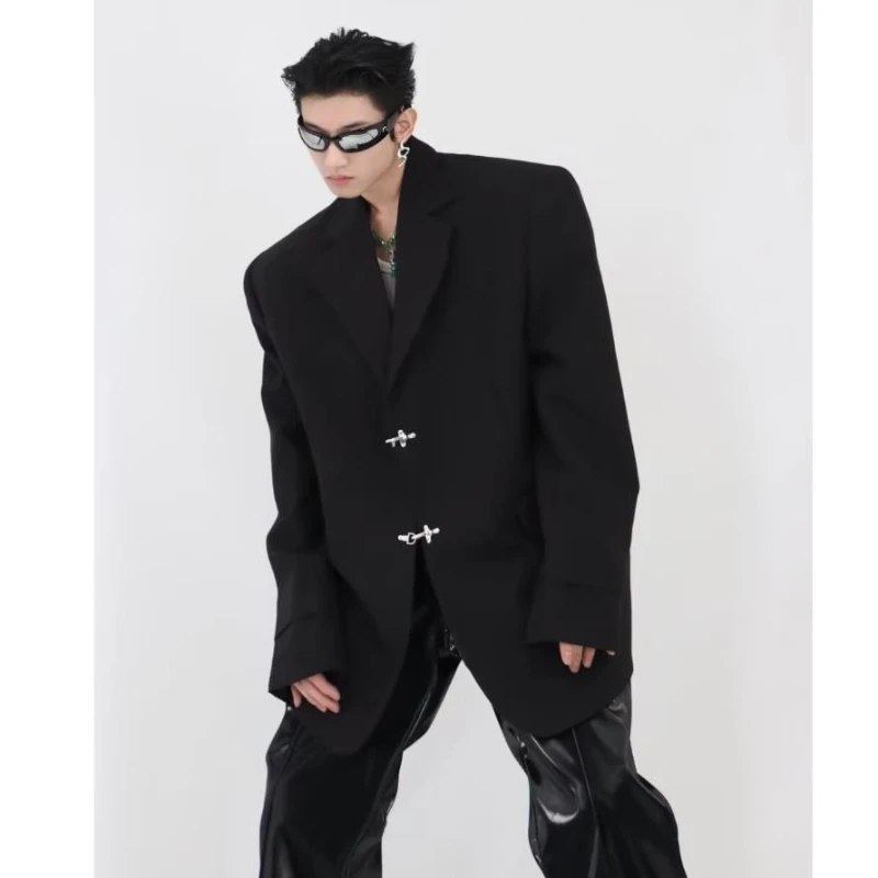 Oversized High Street Mens Suit 2024 Spring New Hip Hop Trendy V-neck Jacket Metal Buckle Wide Shoulders Casual Coats Male