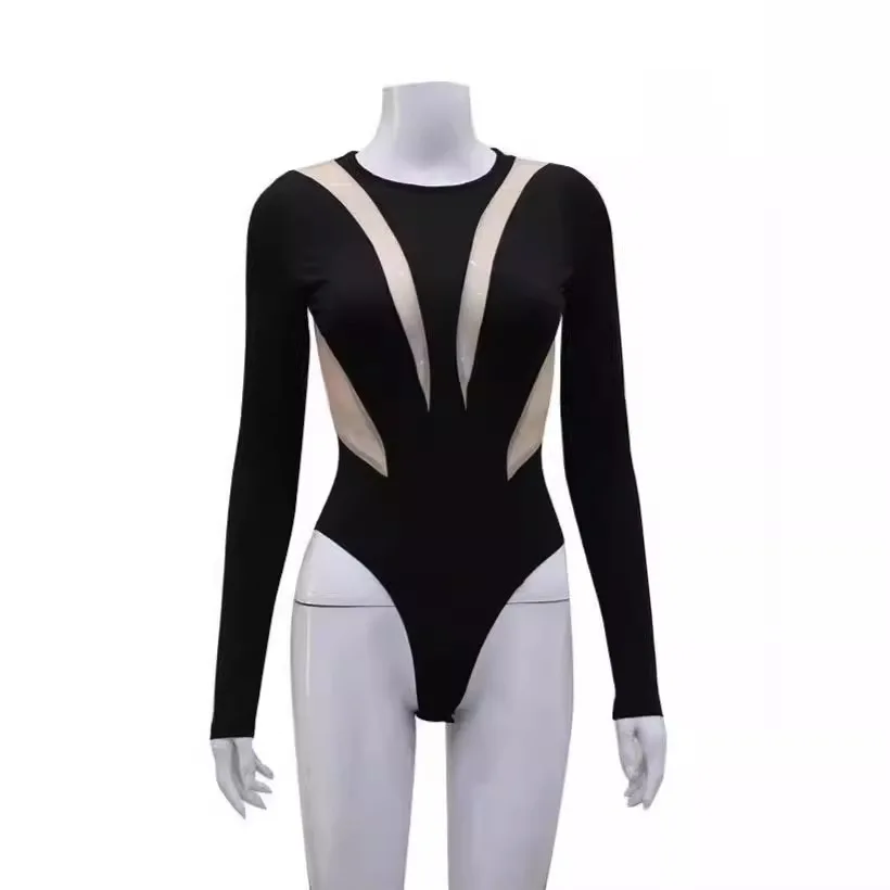 2025 신상 유럽 및 미국 여성 의류 메쉬 스티칭 섹시 시스루 라운드넥 긴팔 슬림핏 허리 패셔너블 베