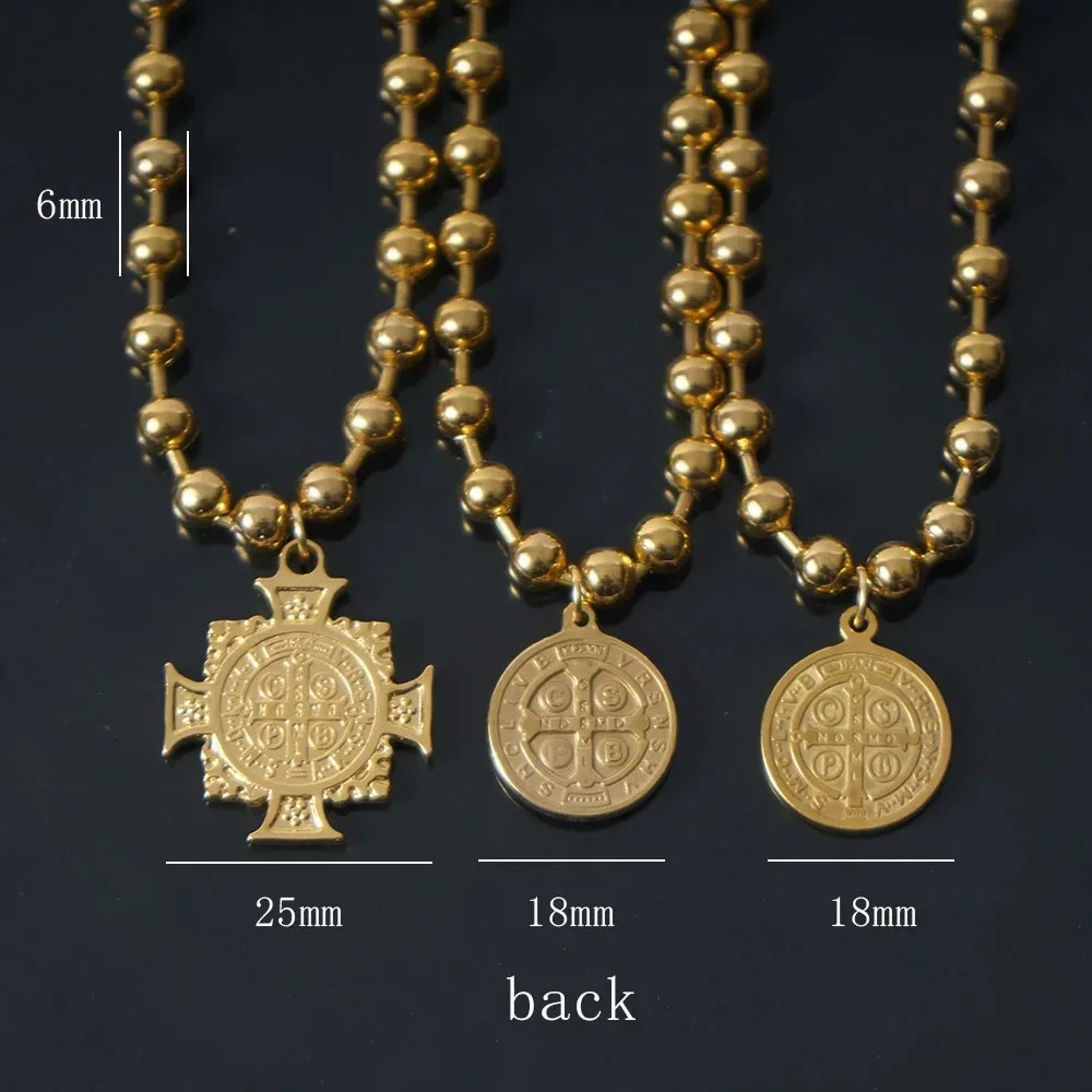 Stainless Steel San Benito Exorcism Cross Faith Necklaces For Women Men 6mm Ball Bead Chain Saint Benedict Pendant Choker