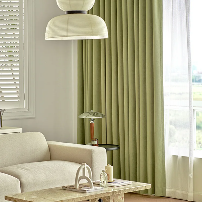 

Thickened herringbone curtains ins wind bedroom shading living room 2023 new solid color atmosphere matcha green 1