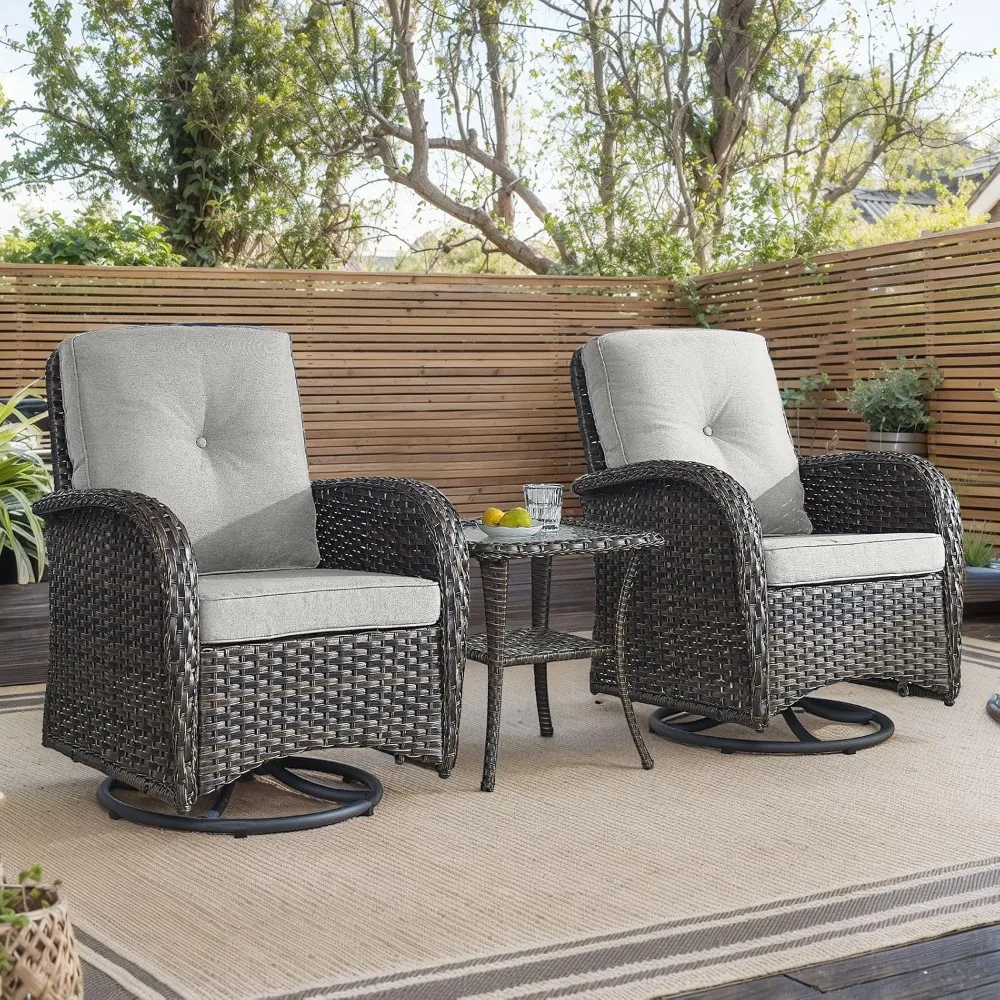 

Outdoor Swivel Chair, 3-piece Set of Courtyard Furniture with 360 Degree Swivel Rocking Chair and Garden/porch Side Table