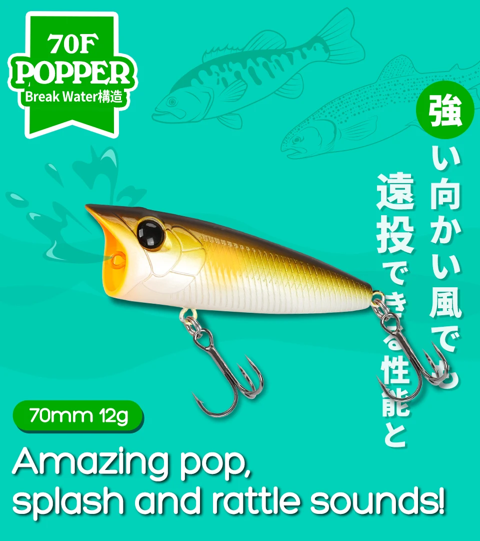 TSURINOYA 70F Popper Angelköder RIPPLE 70mm 12g Topwater Harter Köder für Bass Pike Long Casting Floating Wobble Surface Modell – Detail 2