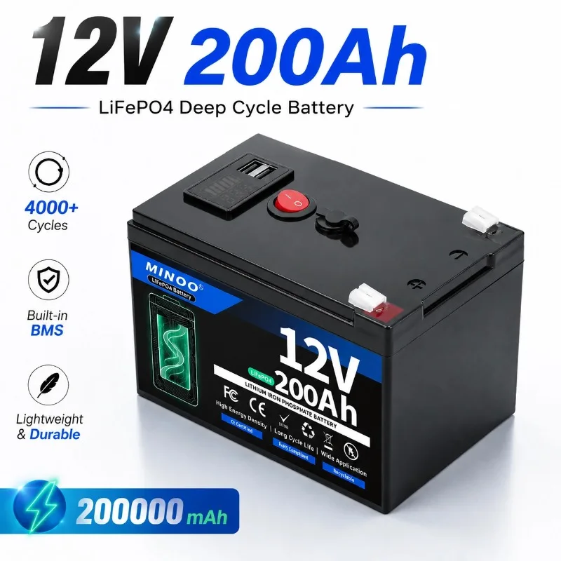 12V 200Ah LiFePO4 Solar Battery Deep Cycle Rechargeable Built-in BMS Lithium Battery for Power Wheels Scooters Fish Finder
