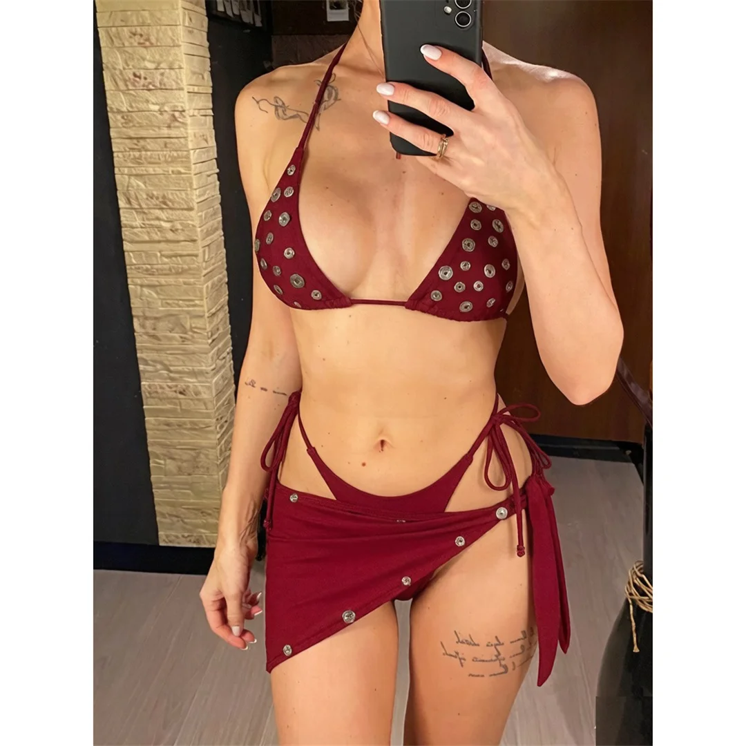 Mit Sarong-Knöpfen, Neckholder-Bikini, Damen-Badeanzug, dreiteiliges Bikini-Set, gepolsterter Badeanzug, Badebekleidung, Badeanzug V8307 – Detail 5