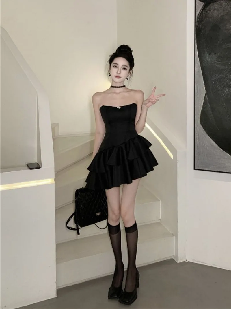 Spicy Girl Fashion Bra Dress Women Ruffle Edge Splice Irregular Collarbone Sleeveless Solid Slim Summer Birthday Princess Wear