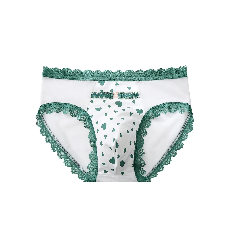 Men's Briefs Ice Silk Heart Printed Lace Trim Sexy Panties Sissy Lingerie 3d Bulge Pouch Mesh See Through Light Thin Underwear