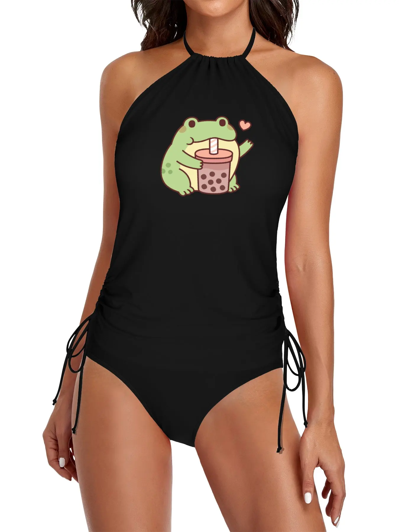 

Cute Frog Loves Drinking Bubble Tea Split Swimsuit Set Swimsuit black Women's two-piece swimsuit