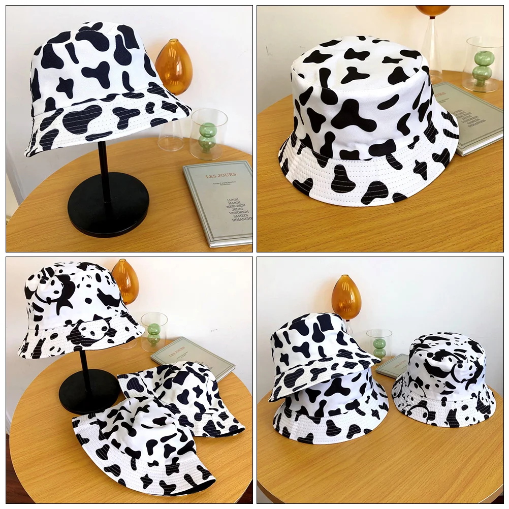 

Cow Print Bucket Hat Ladies Summer Hiking Travel Wide Brim Sun Protection Cotton Beach Hat Women Fisherman Outdoor Girls