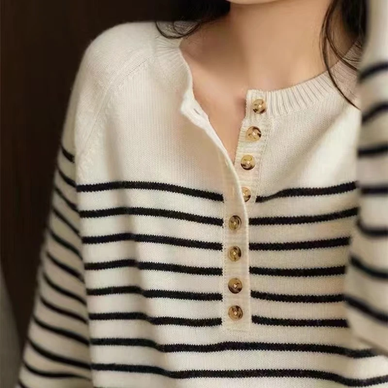 Women\'s Sweater Autumn/Winter New 100% Pure Wool Sweater Casual Stripe Knitted Tops Round Neck Hoodie Loose Thick Blouse