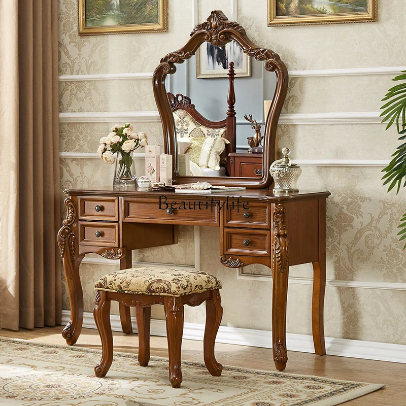 

American-Style Solid Wood Dressing Table European-Style Retro Distressed Makeup Table and Chair Combination