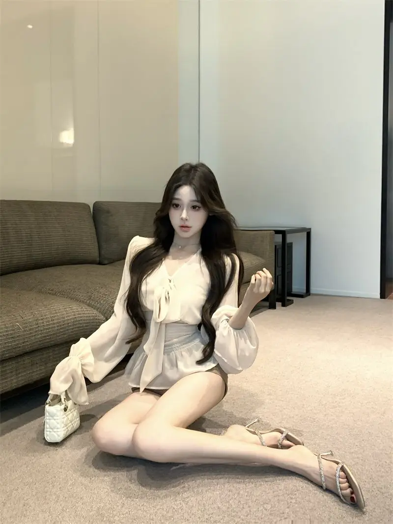 여성용 랜턴 슬리브 브이넥 레이스업 쉬폰 셔츠 봄 프렌치 웨이스트 탑 투피스 긴팔 셔츠