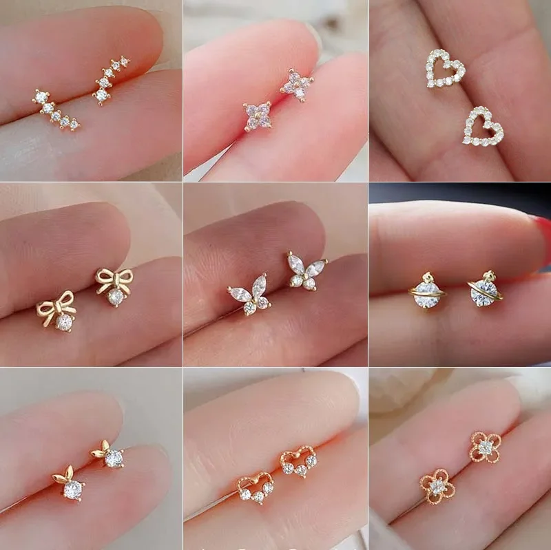 Ohrringe in verschiedenen Stilen für Damen, Mini-Zirkon-Ohrringe, süße Ohrstecker für Mädchen, Blumen-Ohrringe, hypoallergener Piercing-Schmuck, modische Geschenke