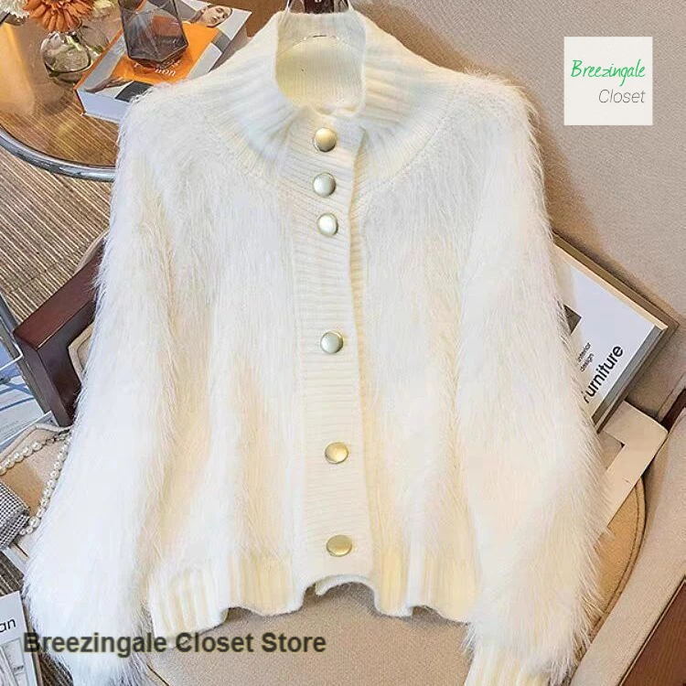 Pull français à col semi-haut, doux, cireux, vent paresseux, automne et hiver, tenue pour femme, manteau cardigan tricoté en velours de vison de haute qualité.