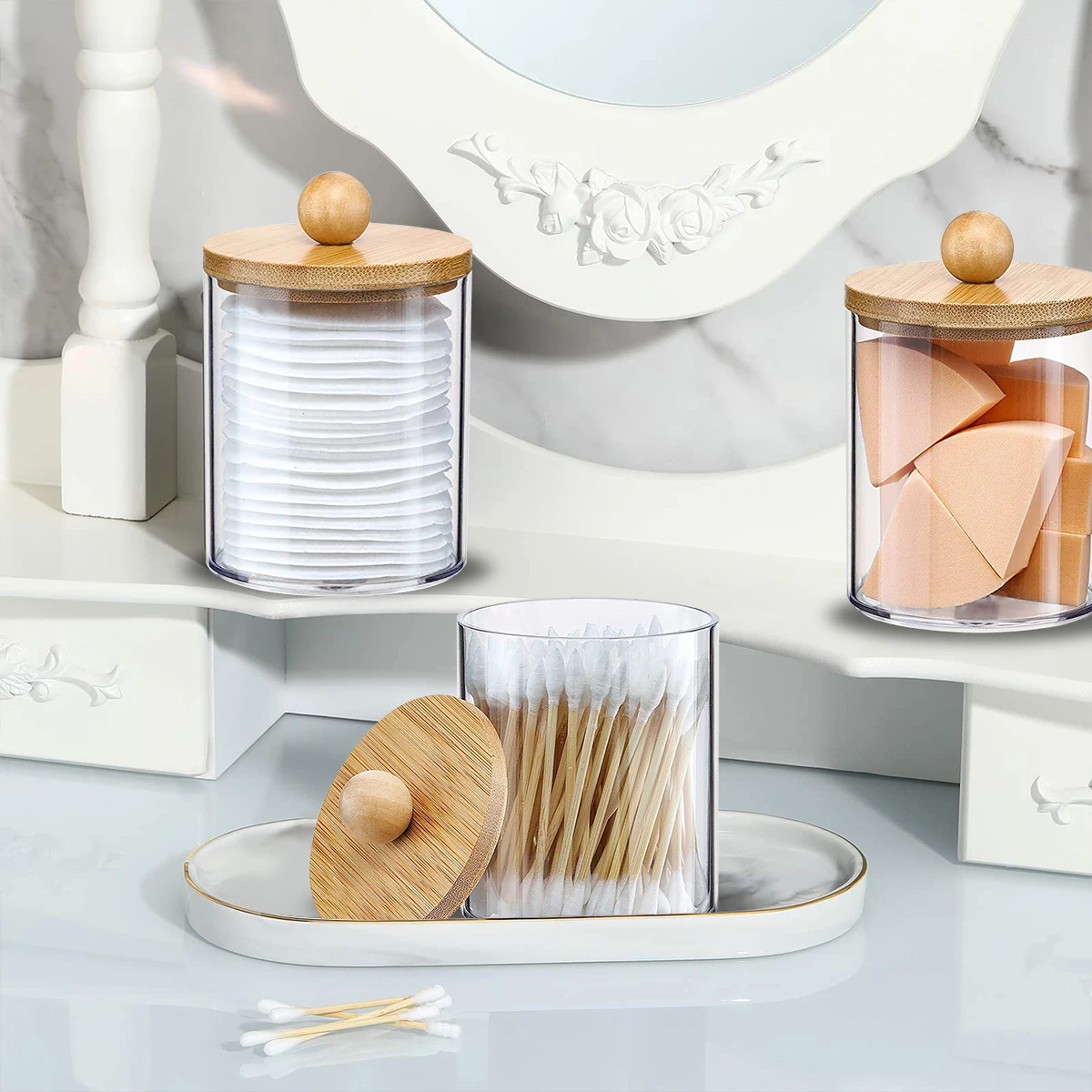 3Pcs Qtip Holder Dispenser with Bamboo Lids Clear Acrylic Bathroom Jars with Tray Cotton Swab Storage Dispenser Reusable
