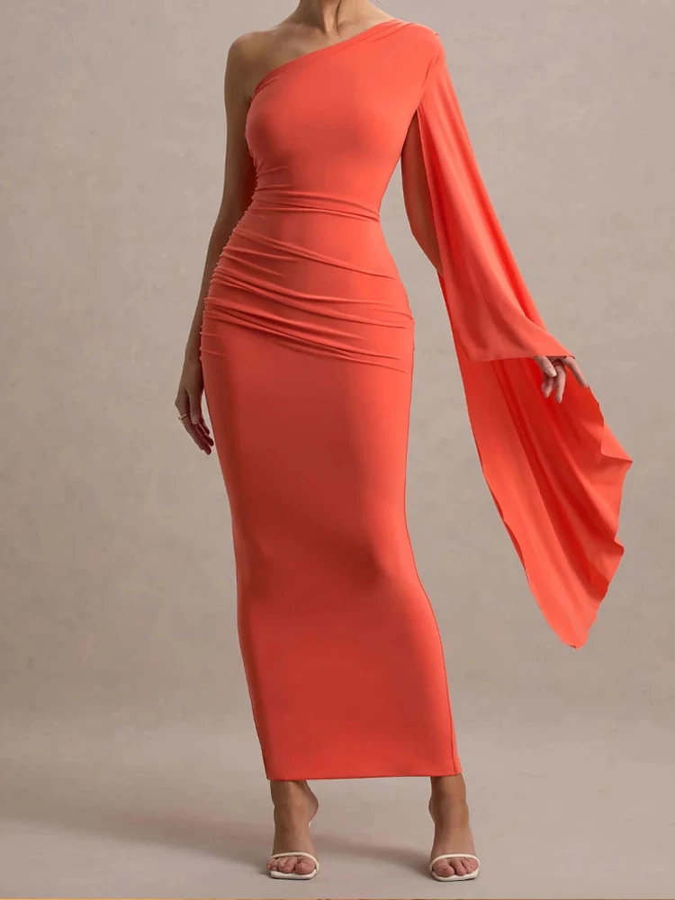 Vestido de fiesta plisado con estampado de patrón a la moda para mujer, vestido bohemio ajustado de cintura alta elegante, vestido Sexy ajustado con manga de murciélago y cuello inclinado