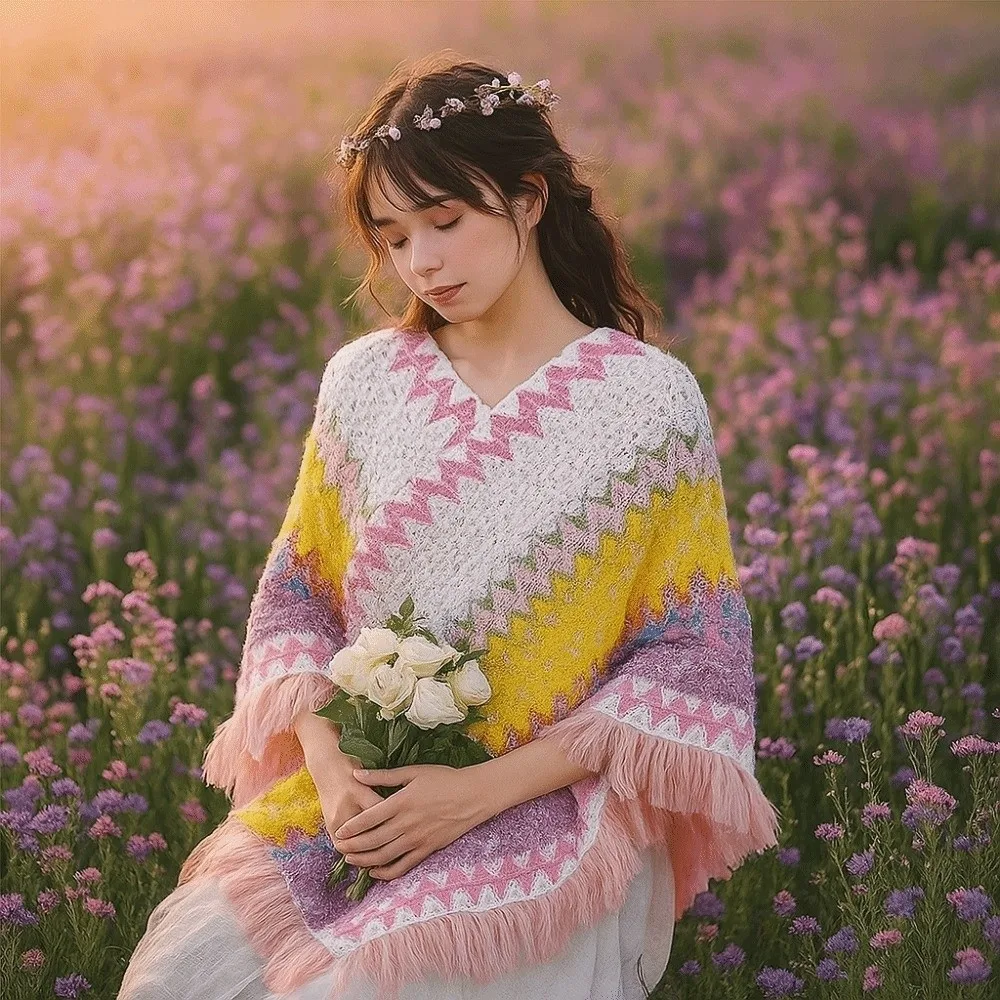 

Knitted Ethnic Style Knitted Shawl Bohemia Neck Wrap Large Shawl Outerwear Scarves Warm Autumn and Winter Tassel Cape