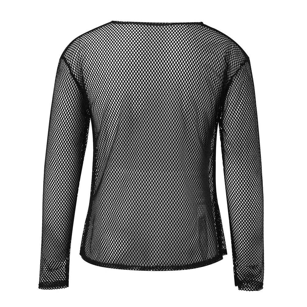 Mens Sexy See-Through Mesh Long-Sleeved Top 2024 New Genderless Nightclub Individuality Youthful Thin Low-Cut T-Shirt Unisex