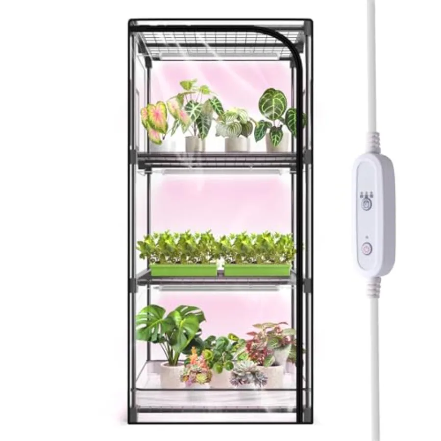 Indoor Greenhouse with Grow Light 4-Tier Plant Stand in Green with Zippered PVC Tent Ventilation Window Bottom Pouch 20W Full S