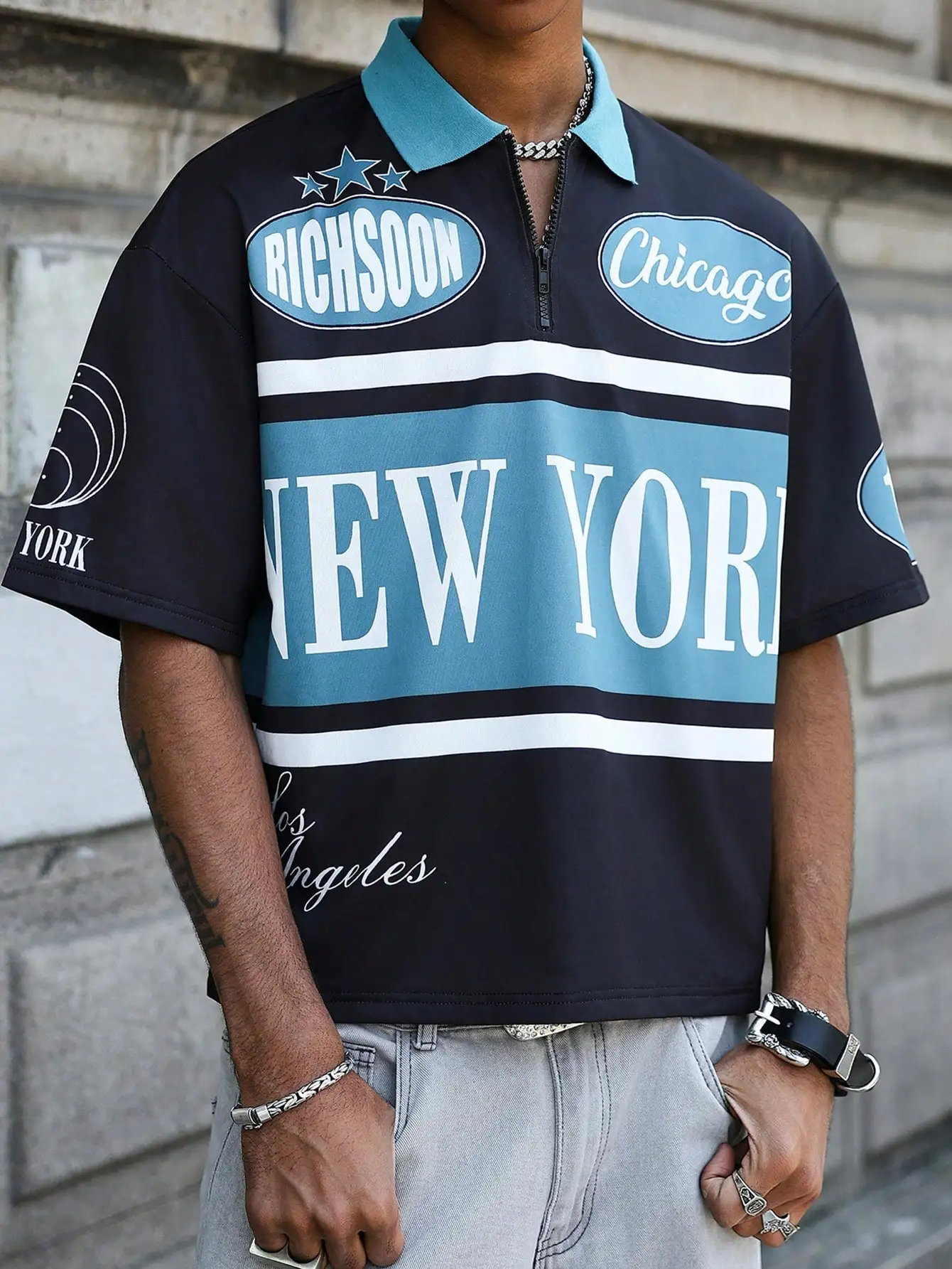 

Men's Graphic Print Half-Zip Cropped Polo Shirt in Navy and Teal