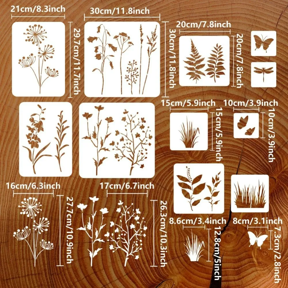 11 PCS Wildflowers Stencils for Painting Reusable Flowering Shrubs Grass Leaf Stencil Butterfly Dragonfly Pattern for Painting