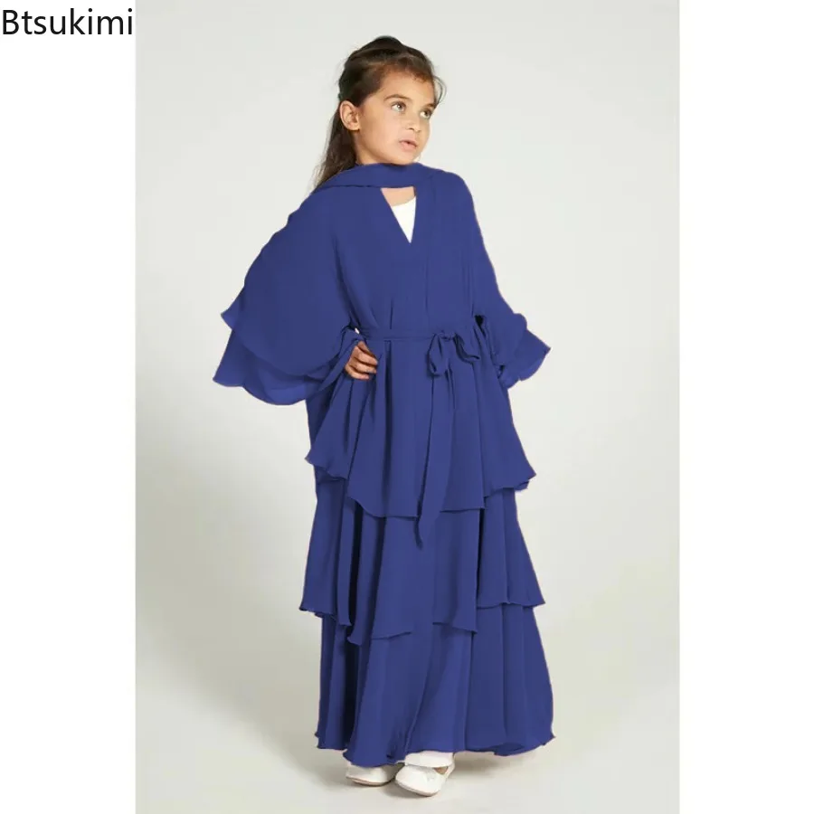 2024 Eid Muslim Kids Abaya Girls Chiffon Dress Fashion Solid Long Kaftan Robe Arab Islamic Clothing for Child Modest Prayer Gown