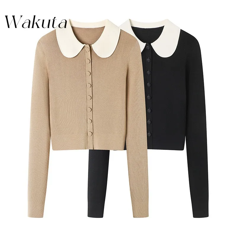 WAKUTA Korean Retro Doll Collar Long-sleeved Colorblocking Cardigan Autumn Simple Versatile Sweet Knit Sweater Commuter Sweater