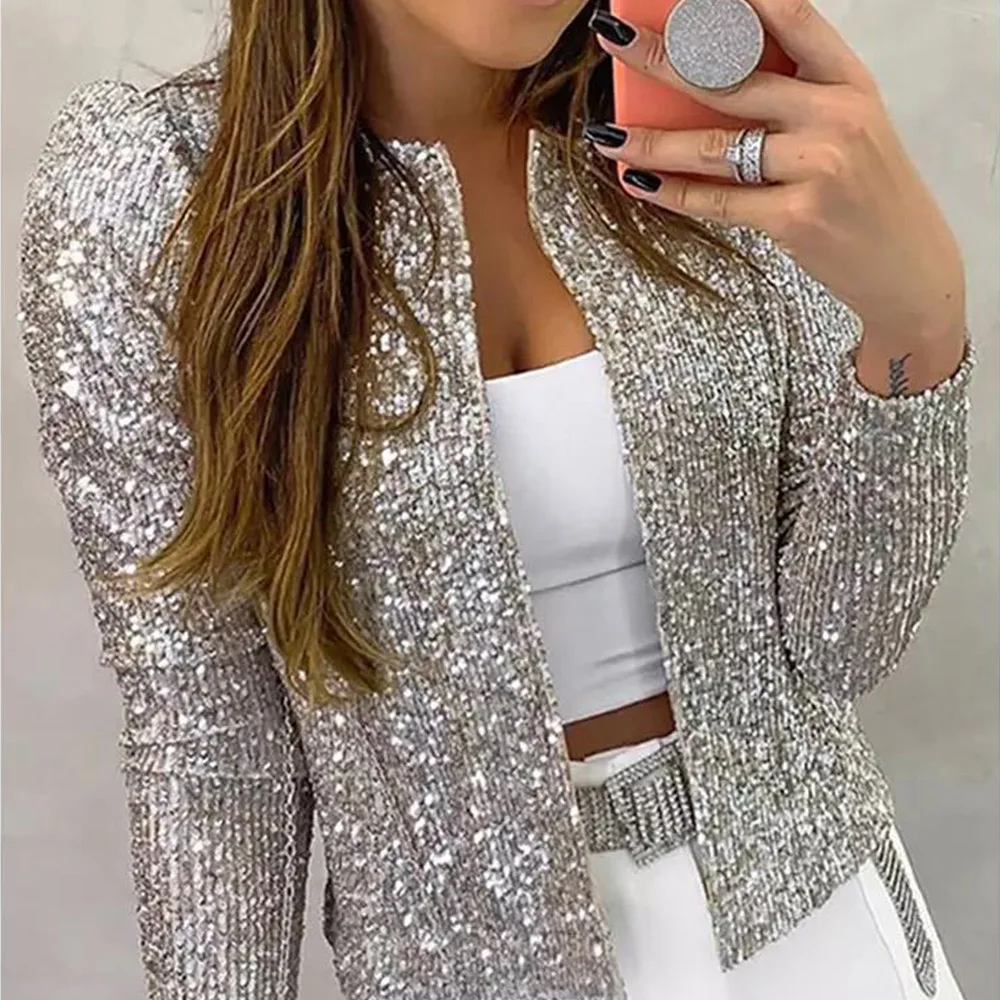 Casual Female Jacket Coat Short Coats Cardigan Glitter Womens Shiny Party Tops Cardigan