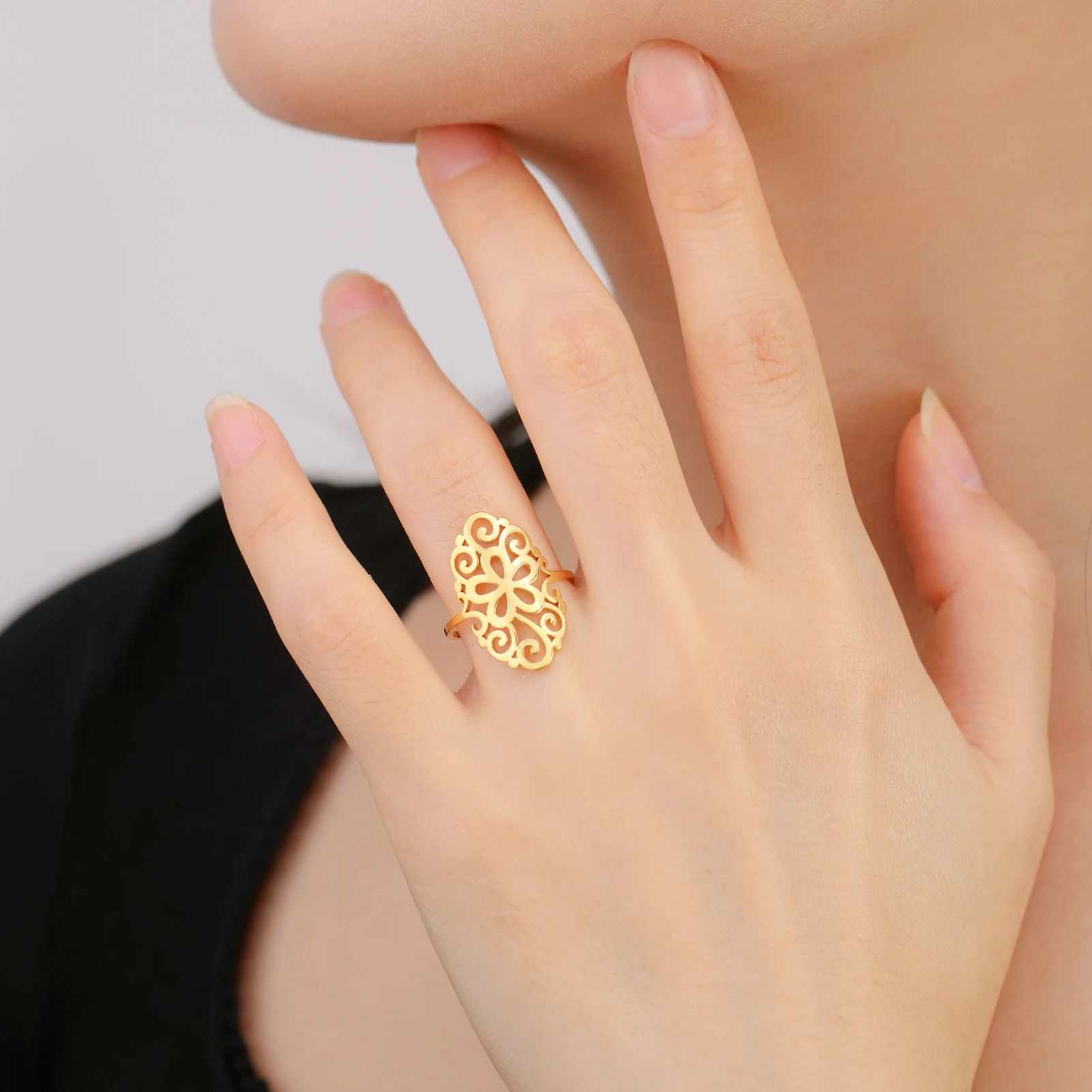 Lucktune Gold Color Filigree Floral Rings for Women Stainless Steel Huge Flower of Life Finger Ring Vintage Jewelry Wedding Gift