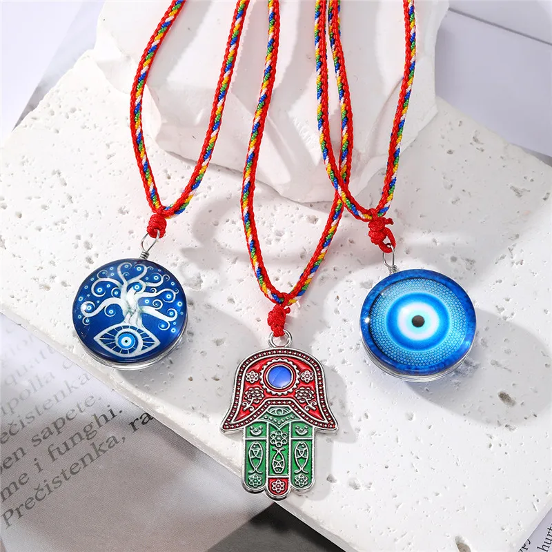 Lucky Red String Fatima Hand Evil Eye Necklace For Women Men Vintage Ethnic Round Blue Turkish Eye Pendant Chain Jewelry