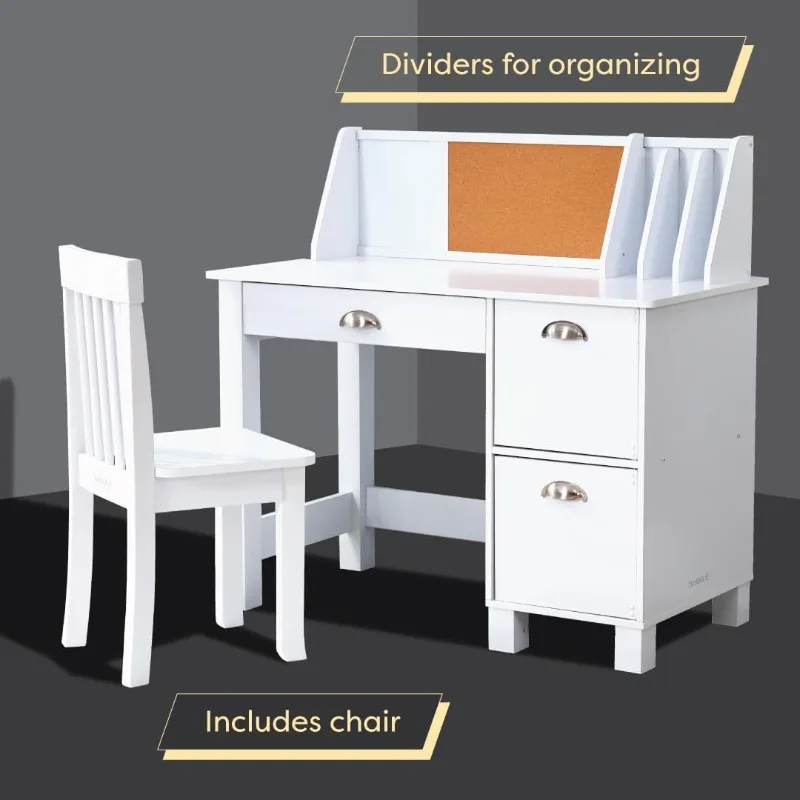 Wooden Study Desk for Children with Chair, Bulletin Board and Cabinets, White