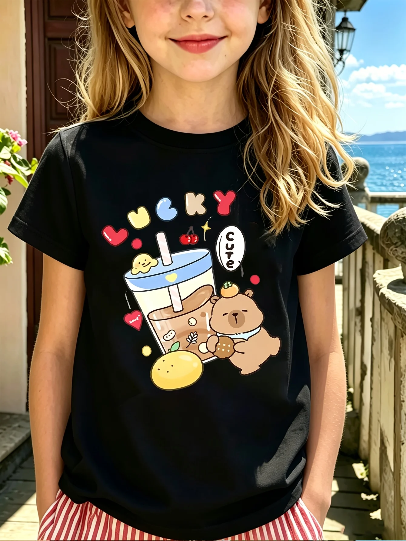 Lucky Capybara Bubble Tea Kids Tee Cartoon Animal Graphic Print Boys Girls Family Matching Cotton Short Sleeve Children Tshirt