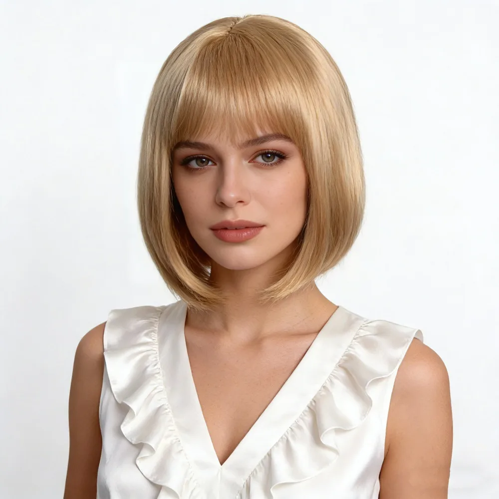 Wig Women's Gold Short Straight Hair Split Bob Straight Hair High-temperature Silk Synthetic Hair Button Net Cover Wig Ladies