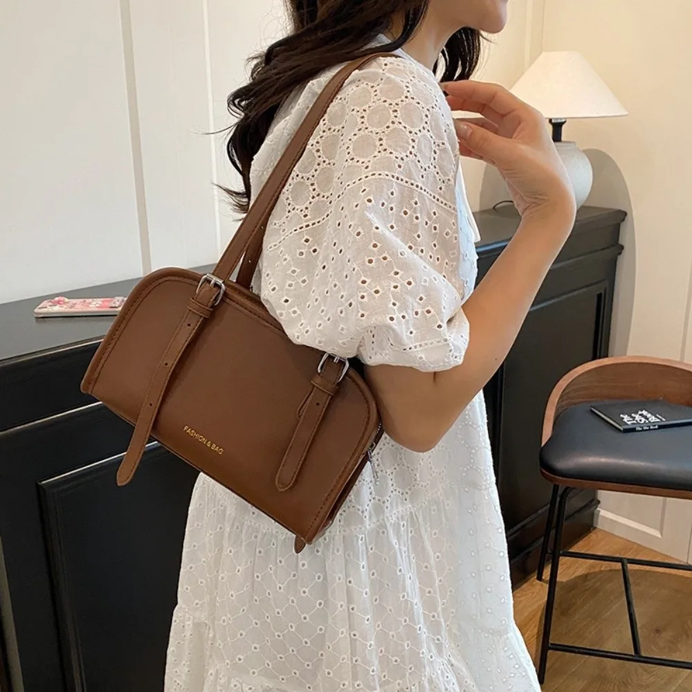 

Trendy Korean Style Boston Bag Underarm Simple Single Shoulder Bag Large Capacity Vintage PU Leather Handbag Girls