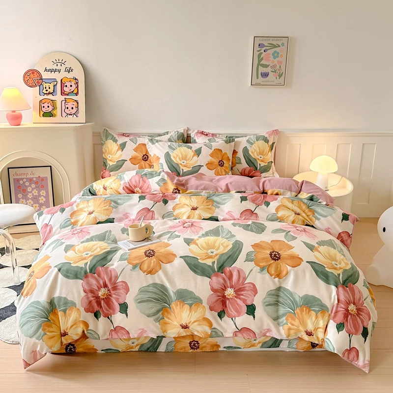 Shabby Floral Duvet Cover Twin Full 100%Cotton Botanical Flower Comforter Cover with 2 Pillow Sham Luxury Reversible Bedding Set