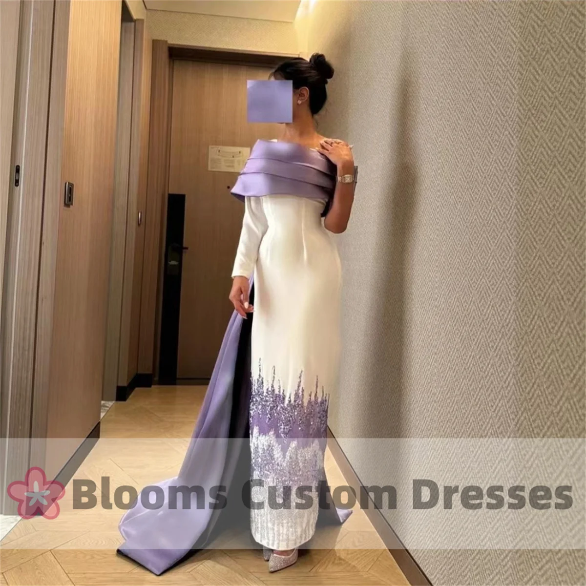 Blooms Customized Purple Sequins One-shoulder Crepe Evening Dress With Train Full Sleeve Formal Party Gown Wedding Prom Dress