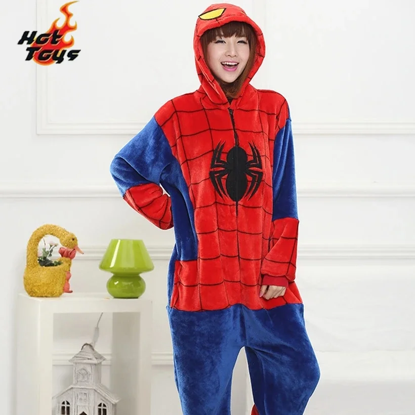 Spider Man Costume Pajamas Adult Spiderman Cosplay Costume Nightgown Home Flanne Hooded Sleepwear Jumpsuit Pajamas for Women Men