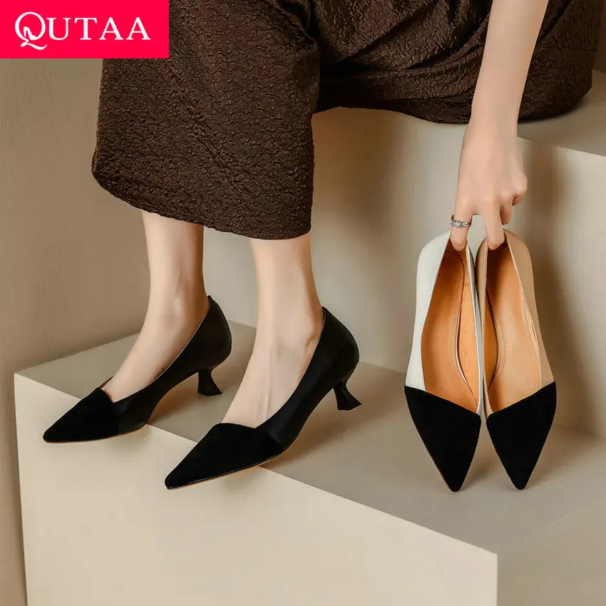 QUTAA 2024 Women Office Pumps Genuine Leather Soft Spring Summer Fashion Med Heel Shoes Woman Pointed Toe Mixed Color Size 34-40