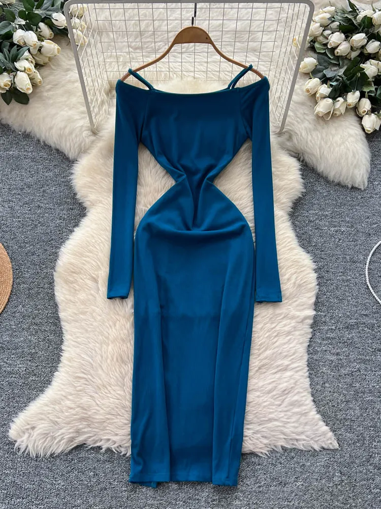 엘리 커뮤트 슬레 롱 스웨 원숄더 드 여성용 슬림핏 홀로우 아웃 슬릿 랩 어라운드 롱 스커트 시 커뮤트