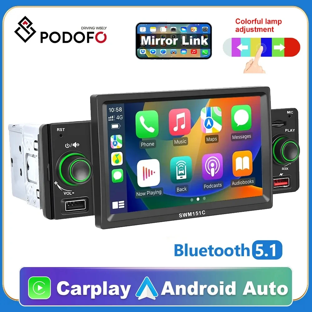 

Podofo 1 din Car Radio CarPlay Android Auto MP5 Player with Bluetooth USB FM Receiver Audio Head Unit SWM151C