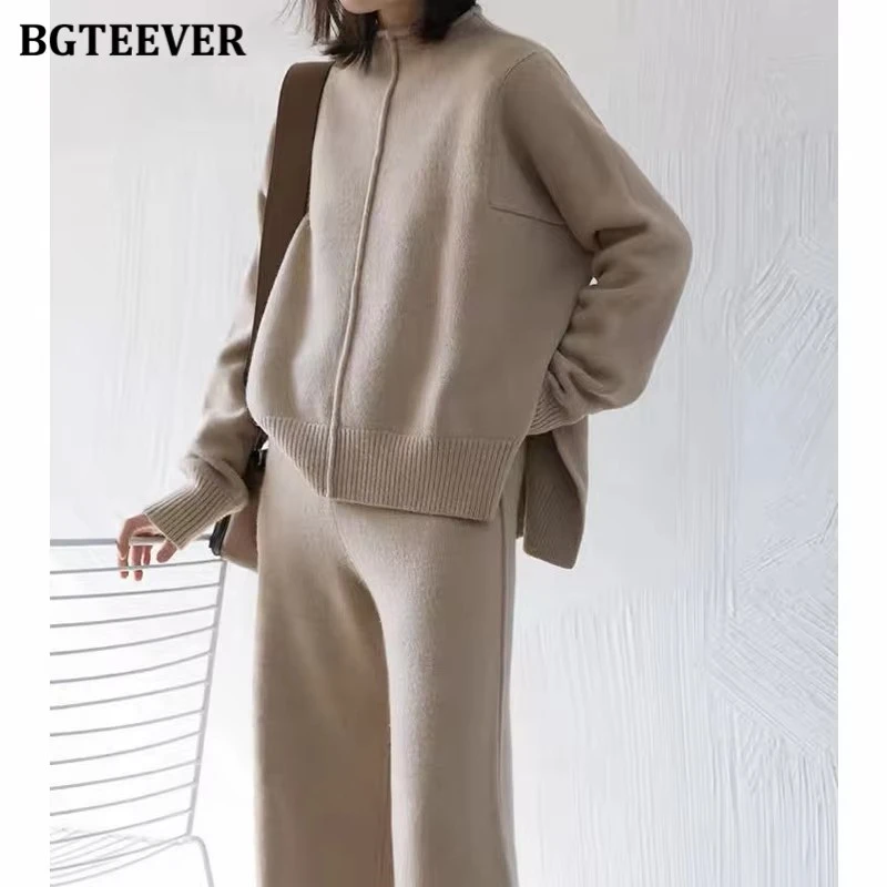 

BGTEEVER Casual Women Sweater Set O-neck Side Split Pullovers & Wide Leg Pants Autumn Winter 2 Pieces Set Women Knit Set