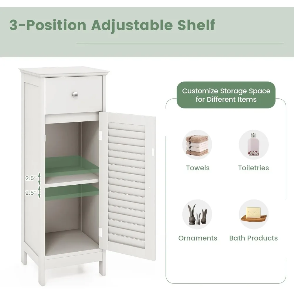 خزانة حمام رفيعة، خزانة ضيقة للأرضيات الخشبية مع درج وباب مصراع، رف قابل للتعديل ومضاد للتنوب