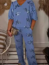 Spring Autumn Print Casual 3/4 Sleeve T-shirt Women's Clothing Fashion Pocket Elastic Waist Trousers Office Female 2 Piece Set