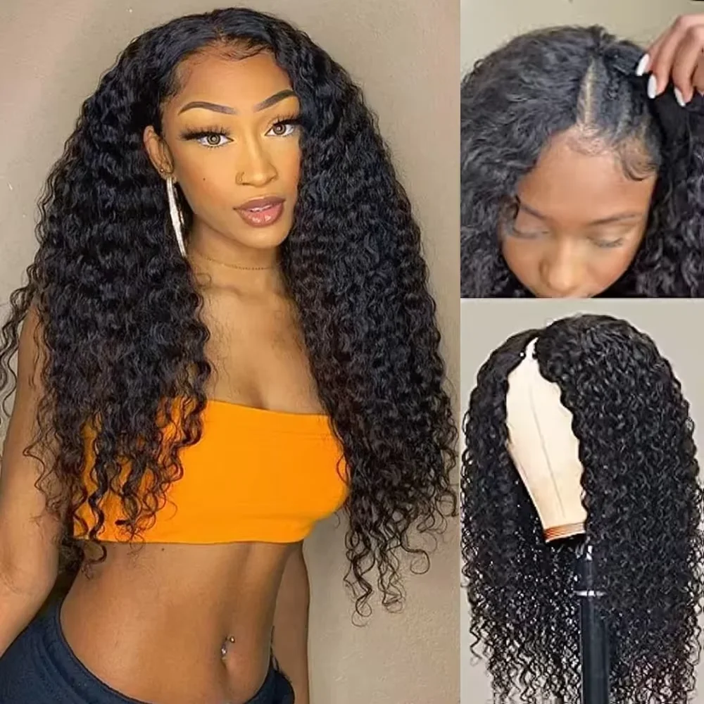 30 32 Inch Machine Curly V Part Wig Human Hair No Leave Out Upgrade V Part Wigs Deep Wave Human Hair Wigs For Women 220 Density